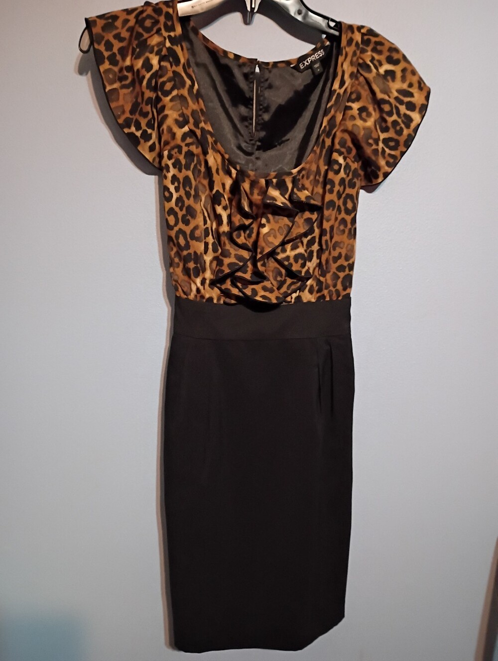 Express Leopard Print & Black Pencil Ruffle Dress